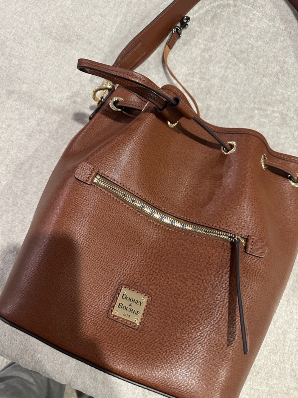 Dooney & Bourke Brown Saffiano Drawstring Bucket Shoulder Bag